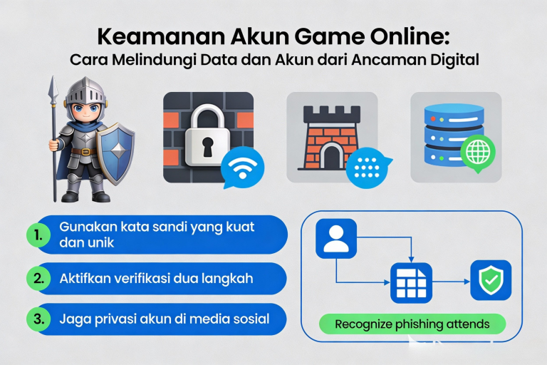 Infografis keamanan akun game online tentang kata sandi kuat, verifikasi dua langkah, privasi, dan phishing