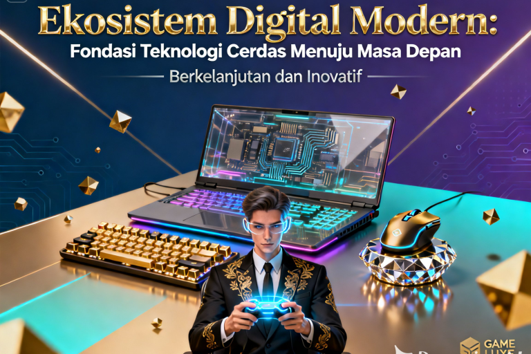 Ekosistem digital modern yang menampilkan teknologi cerdas, AI, dan fondasi inovasi menuju masa depan berkelanjutan