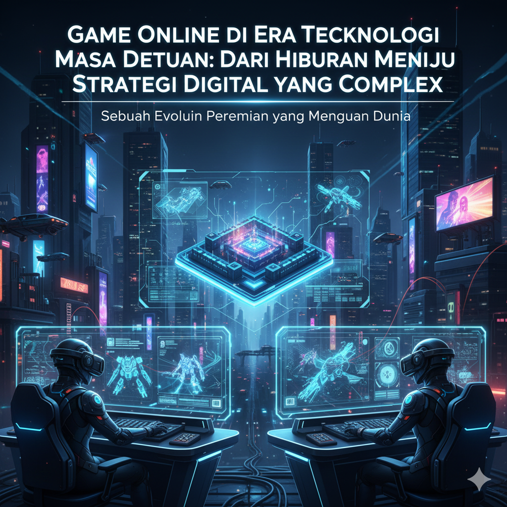 Ilustrasi game online masa depan sebagai permainan strategi digital berbasis teknologi
