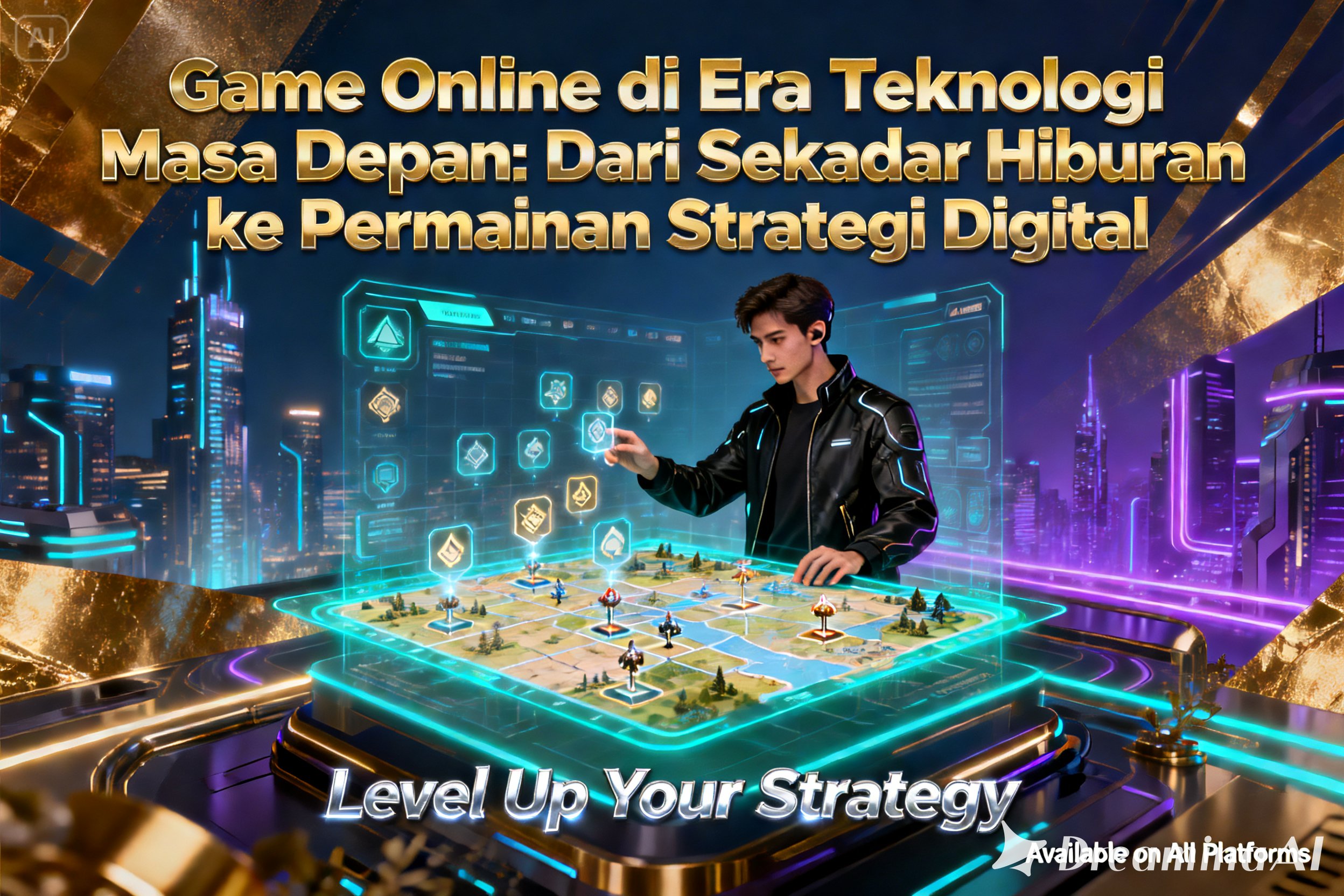 Ilustrasi futuristik seorang pemain yang berinteraksi dengan papan strategi digital, menggambarkan evolusi game online dari hiburan menjadi permainan berbasis strategi di era teknologi masa depan.